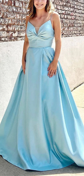 Spaghetti Straps A-line Satin Prom Dresses, 2021 Evening Party Long Prom Dresses