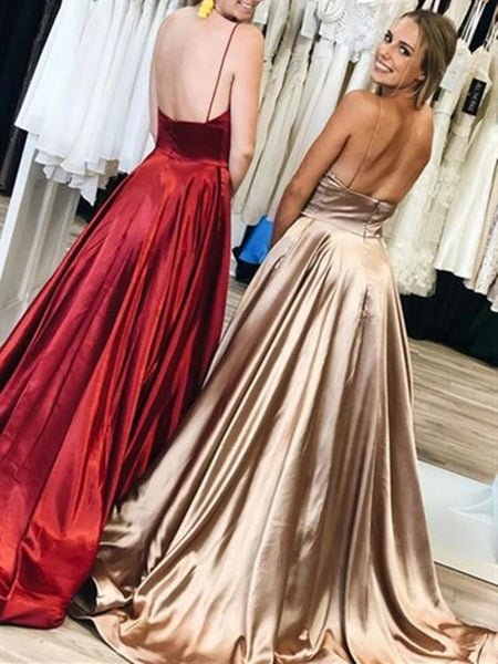 Spaghetti Long A-line Elastic Satin Prom Dresses, Simple Prom Dresses, 2020 Prom Dresses