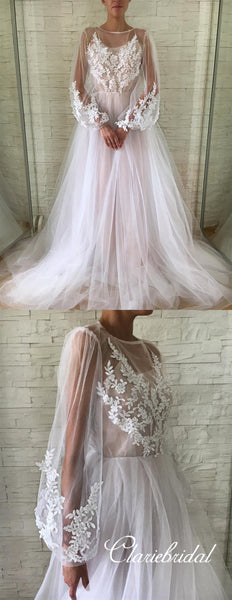 Long Sleeves Lace Tulle Boho Long Wedding Dresses