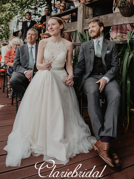 Halter Lace Top A-line Tulle Country Wedding Dresses With Satin Belt(Could Change Belt Color)