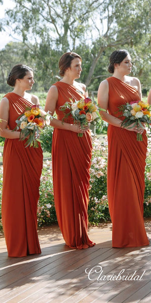 One Shoulder Orange Sheath Jersey Long Bridesmaid Dresses