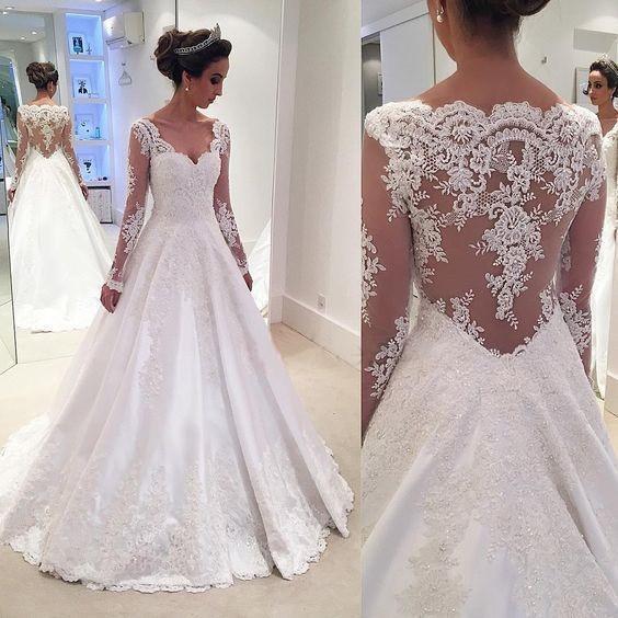 Long Sleeves A-line Lace Satin Wedding Dresses