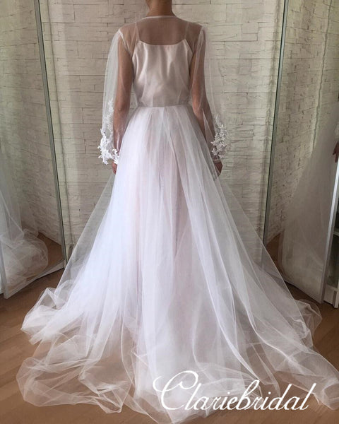 Long Sleeves Lace Tulle Boho Long Wedding Dresses