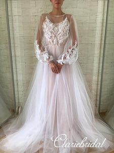 Long Sleeves Lace Tulle Boho Long Wedding Dresses