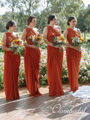 One Shoulder Orange Sheath Jersey Long Bridesmaid Dresses