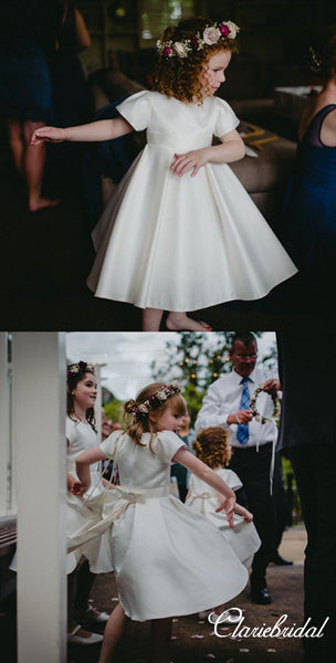 Short Sleeves Ivory Satin Lovely Flower Girl Dresses