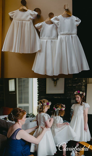 Short Sleeves Ivory Satin Lovely Flower Girl Dresses