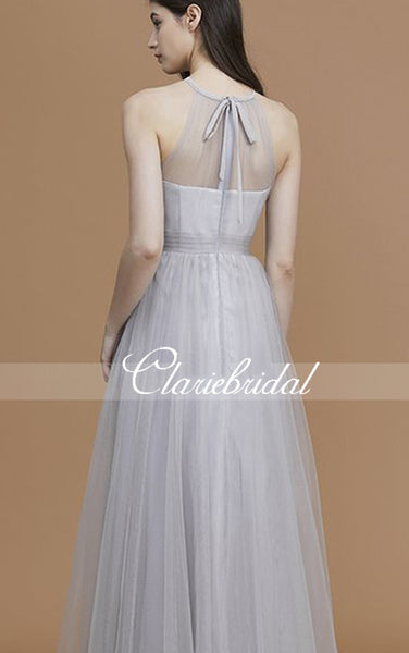 Illusion A-line Silver Tulle A-line Bridesmaid Dresses, Wedding Party Dresses