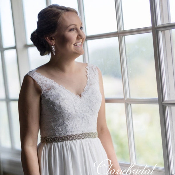 V-neck Lace Top Chiffon A-line Long Train Wedding Dresses