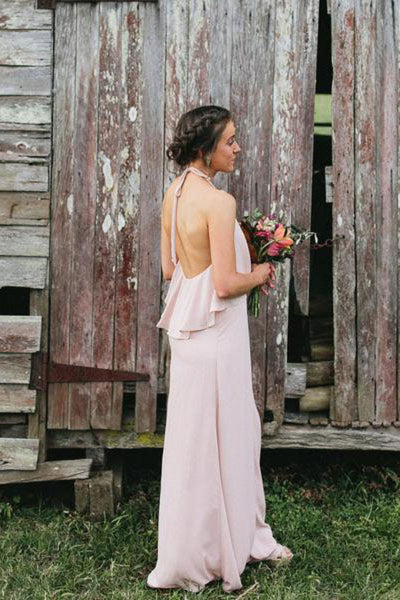 Halter Blush Pink Chiffon Bridesmaid Dresses, Simple Popular Bridesmaid Dresses