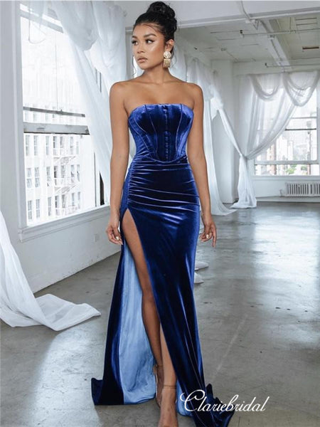 Strapless Mermaid Long Prom Dresses, High Slit Sexy Prom Dresses 2020