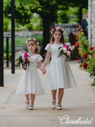 Short Sleeves Ivory Satin Lovely Flower Girl Dresses