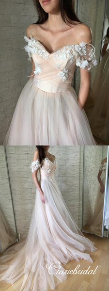 Off Shoulder Appliques A-line Tulle Wedding Dresses