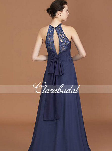 A-line Navy Chiffon Lace Long Bridesmaid Dresses