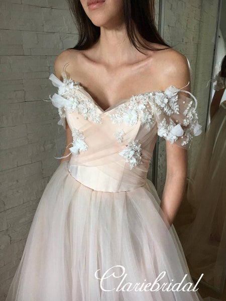 Off Shoulder Appliques A-line Tulle Wedding Dresses