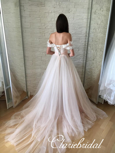 Off Shoulder Appliques A-line Tulle Wedding Dresses