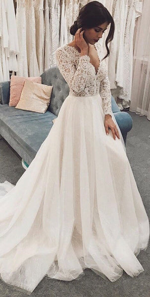 V-neck Lace Top Long Wedding Dresses, Long Sleeves Wedding Dresses, Bridal Gown