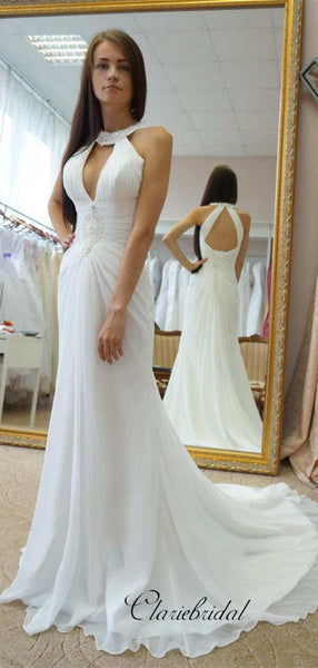 Neckline Beaded Chiffon Wedding Dresses, Newest 2020 Wedding Dresses Long