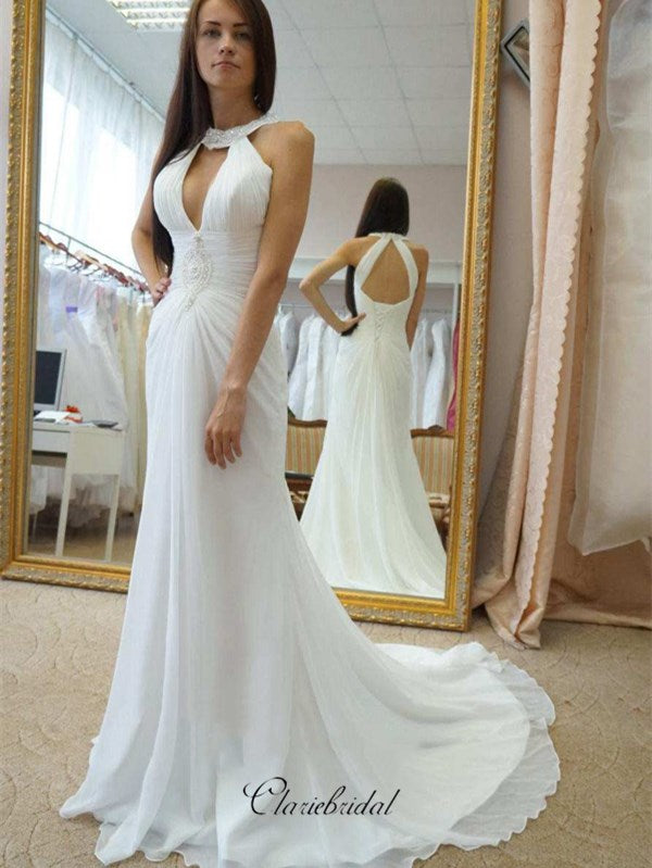 Neckline Beaded Chiffon Wedding Dresses, Newest 2020 Wedding Dresses Long