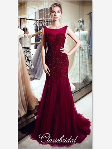Burgundy Beaded Tulle Long Prom Dresses, Mermaid Newest Prom Dresses