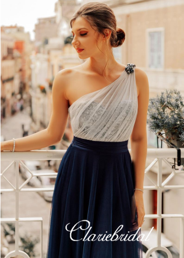 One Shoulder Navy Tulle Ivory Sequin Long Bridesmaid Dresses