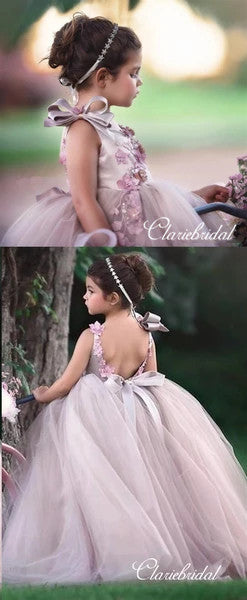Lovely Long Tulle Satin Appliques Beaded Flower Girl Dresses