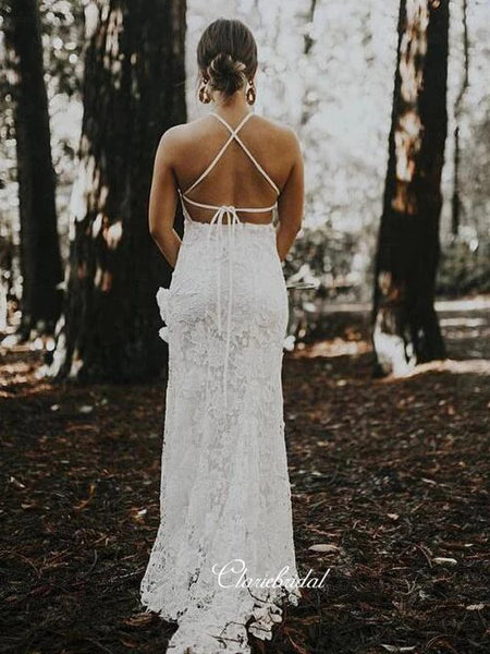 Sleeveless Sexy Wedding Dresses, Halter Lace Wedding Dresses