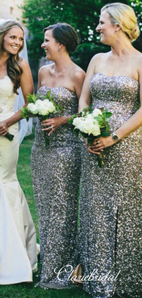 Strapless Sequins Bridesmaid Dresses, Sweetheart Slit Bridesmaid Dresses