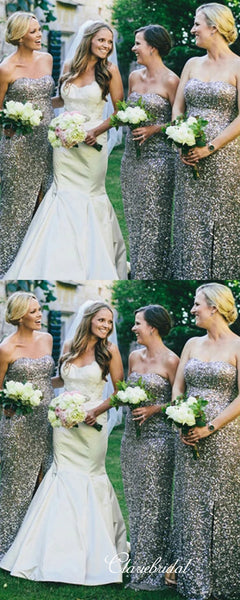 Strapless Sequins Bridesmaid Dresses, Sweetheart Slit Bridesmaid Dresses