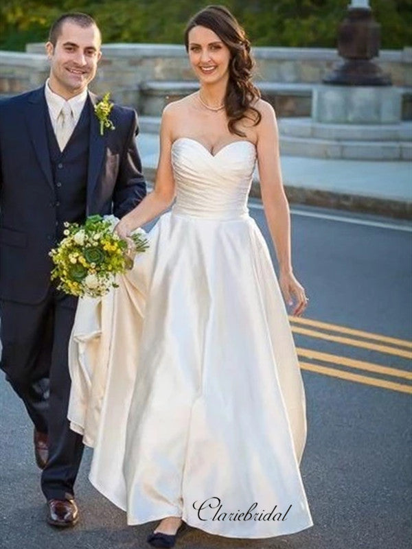 Sweetheart Strapless A-line Wedding Dresses, Simple Satin Wedding Dresses