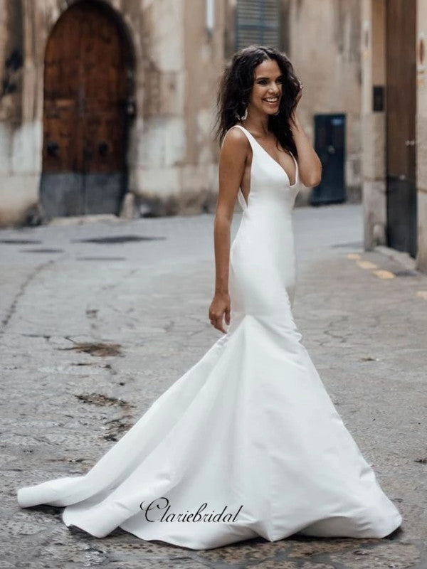 V-neck Simple Custom Design Wedding Dresses, Mermaid Wedding Dresses