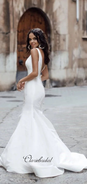 V-neck Simple Custom Design Wedding Dresses, Mermaid Wedding Dresses