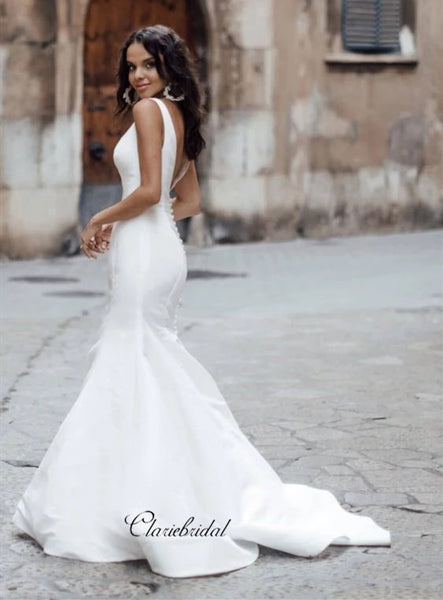 V-neck Simple Custom Design Wedding Dresses, Mermaid Wedding Dresses