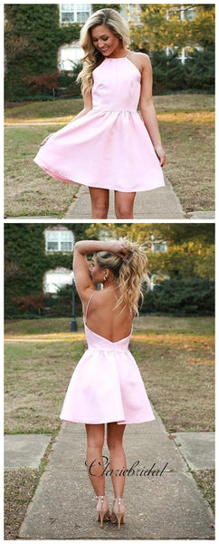 Halter Backless Pink Homecoming Dresses, Short Party Prom Dresses