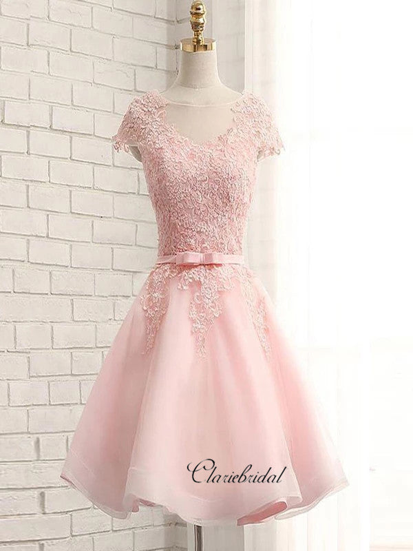 Cap Sleeves Lace Homecoming Dresses, Elegant Short Prom Dresses