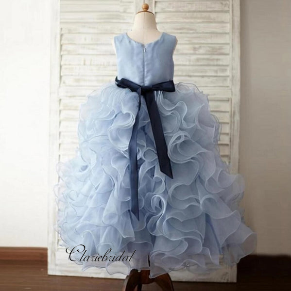 Blue Fluffy Flower Girl Dresses, Organza Little Girl Dresses