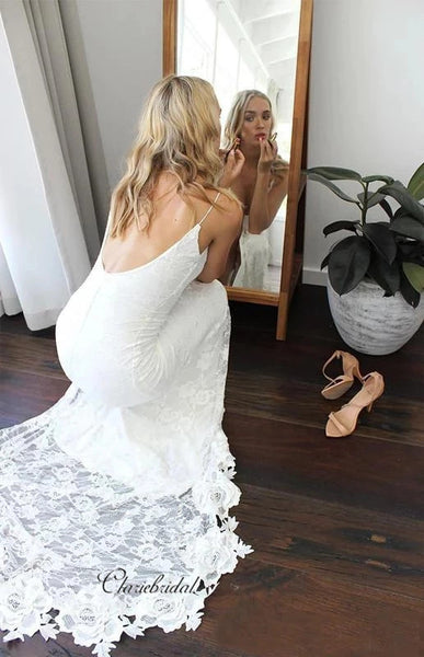 Spaghetti Straps Lace Wedding Dresses, Open Back Lace Wedding Dresses