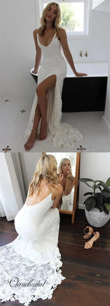 Spaghetti Straps Lace Wedding Dresses, Open Back Lace Wedding Dresses