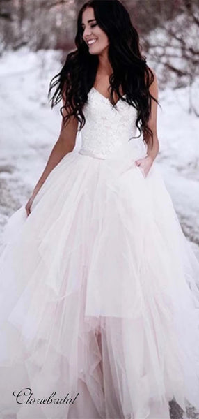 A-line Unique Tulle Wedding Dresses, Lace Fluffy Wedding Dresses