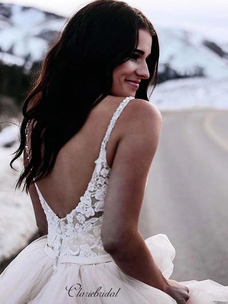 A-line Unique Tulle Wedding Dresses, Lace Fluffy Wedding Dresses