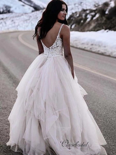 A-line Unique Tulle Wedding Dresses, Lace Fluffy Wedding Dresses