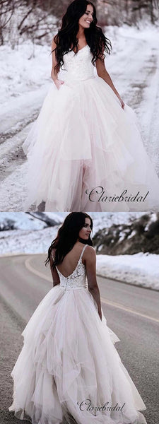 A-line Unique Tulle Wedding Dresses, Lace Fluffy Wedding Dresses