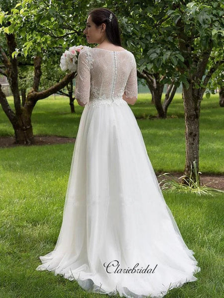 Mid Sleeves Lace Wedding Dresses, Tulle A-line Wedding Dresses