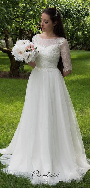 Mid Sleeves Lace Wedding Dresses, Tulle A-line Wedding Dresses