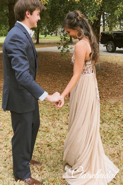 V-neck Boho Beaded Lace LOng Prom Dresses, Long Prom Dresses, Popular Prom Dresses