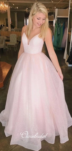 Spaghetti Straps A-line Long Prom Dresses, Pink Prom Dresses, 2020 Prom Dresses