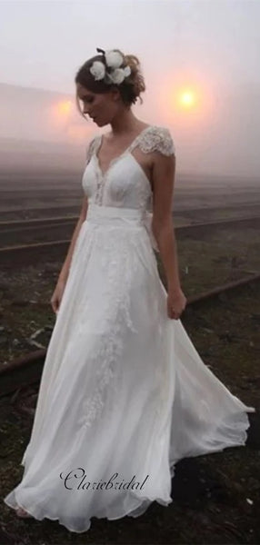 A-line Long Wedding Dresses, Popular Beach Wedding Dresses, Lace Wedding Dresses