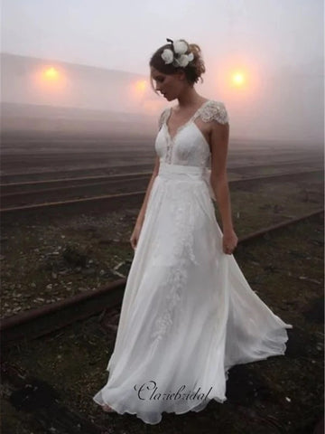 A-line Long Wedding Dresses, Popular Beach Wedding Dresses, Lace Wedding Dresses