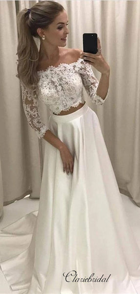 Two Pieces Lace Wedding Dresses, 2020 A-line Bridal Gowns, Wedding Dresses