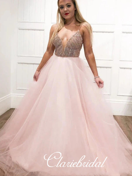 Spaghetti beaded Top A-line Tulle Prom Dresses, Lovely 2020 Prom Dresses, Long Prom Dresses